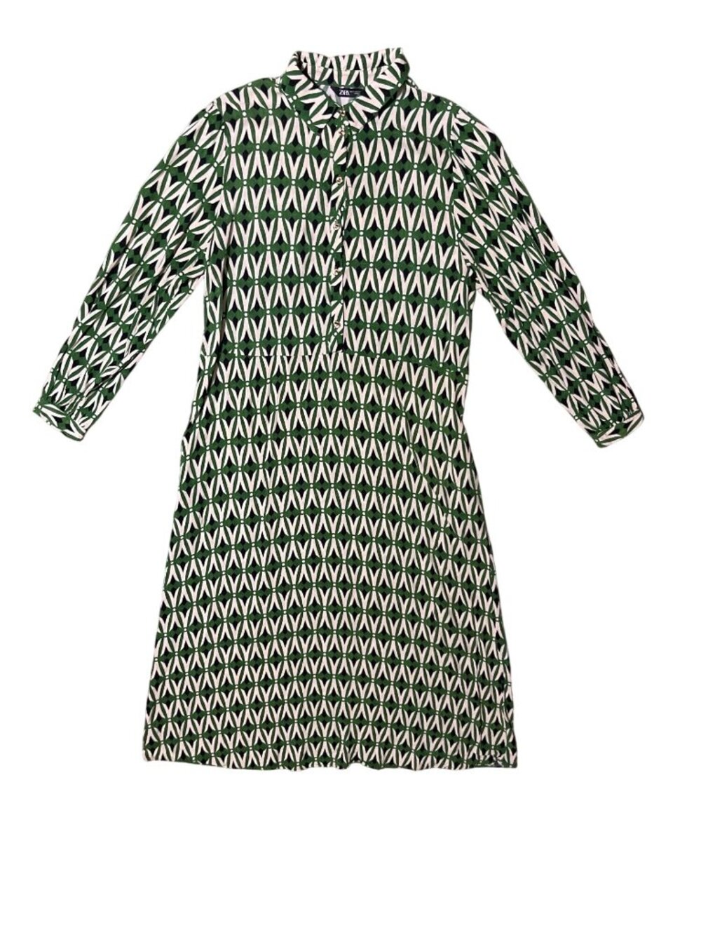 Zara Womens XL Green Navy Cream Geometric Print Midi Shirt Dress Button Used - Picture 4 of 11
